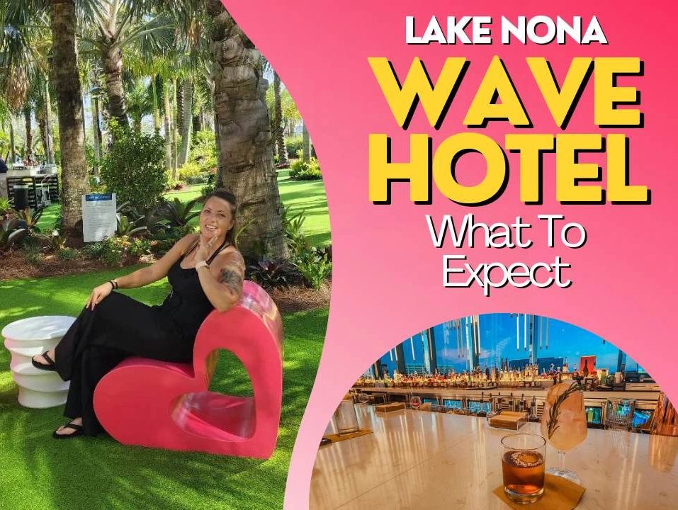 woman sitting on heart-shaped seats under a garden of palm trees at the Lake Nona Wave Hotel 