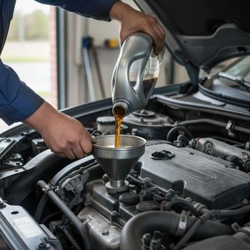 Pouring motor oil into a car engine.