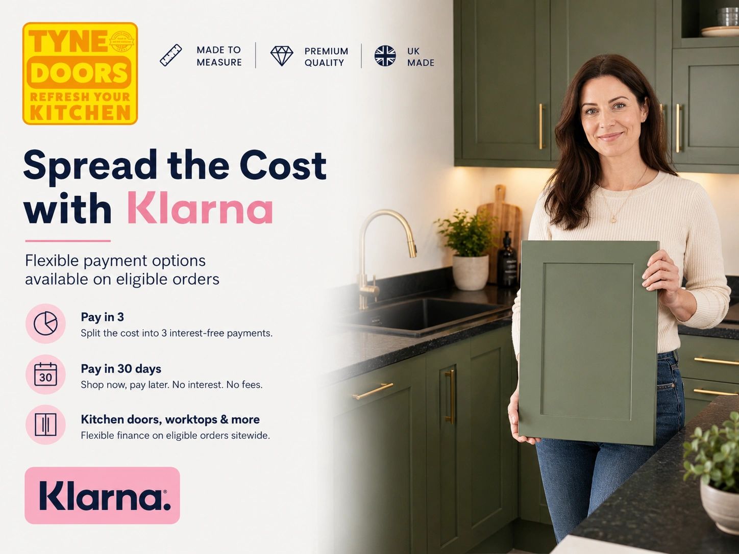 Woman holding a kitchen door panel promoting Klarna flexible payments.