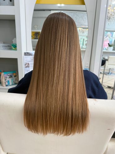 Long, straight, light brown hair viewed from behind.