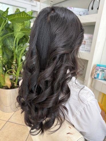 Back view of wavy, black hair with curls.