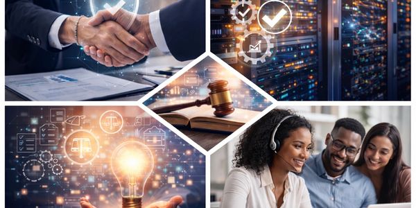 Collage depicting legal, technological, and business collaboration themes.