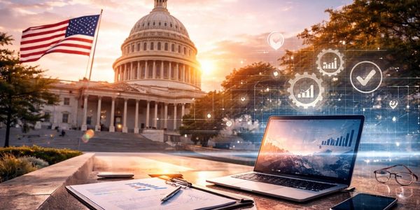 Laptop and documents with U.S. Capitol in the background at sunset.