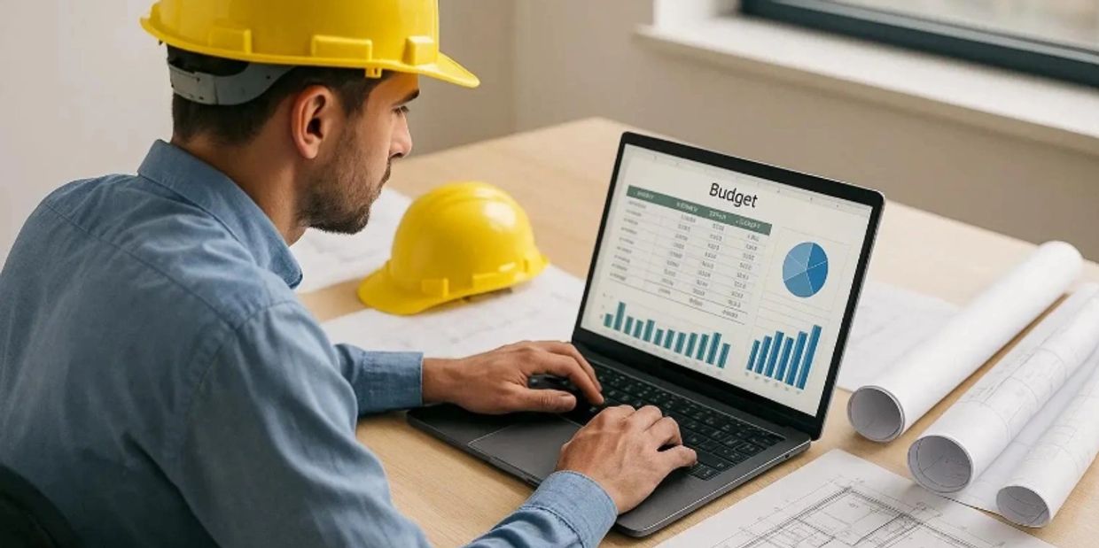Engineer in a hard hat working on budget data on a laptop.