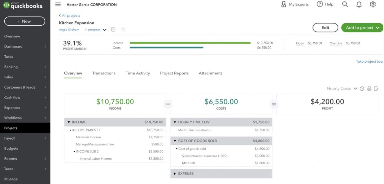 QuickBooks project financial summary for Kitchen Expansion showing income, costs, and profit.
