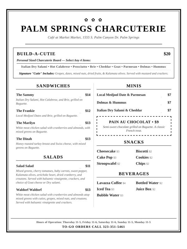 Palm Springs Charcuterie menu with sandwiches, minis, salads, snacks, and beverages.