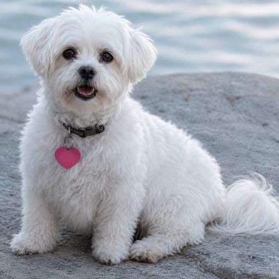 Small white fluffy dog with a pink heart tag sitting on a rock.
