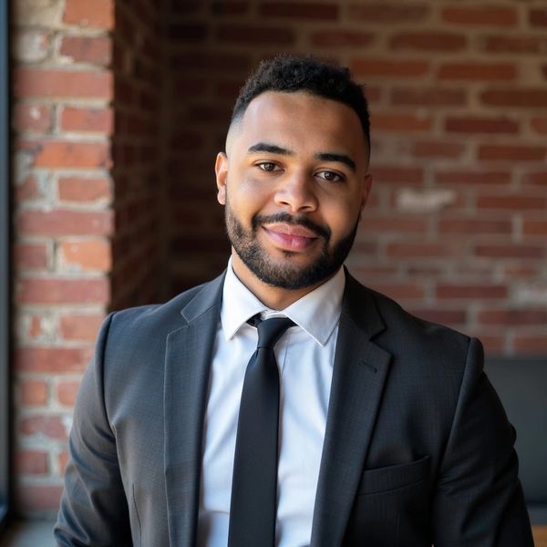 A confident man in a black suit and tie smiles against a brick wall background.