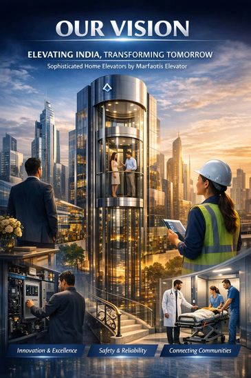 Modern home elevator with professionals ensuring innovation, safety, and community care in an urban setting.