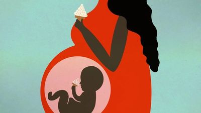 Artwork of pregnant mom eating ice cream with baby in womb, celebrating joyful pregnancy moments