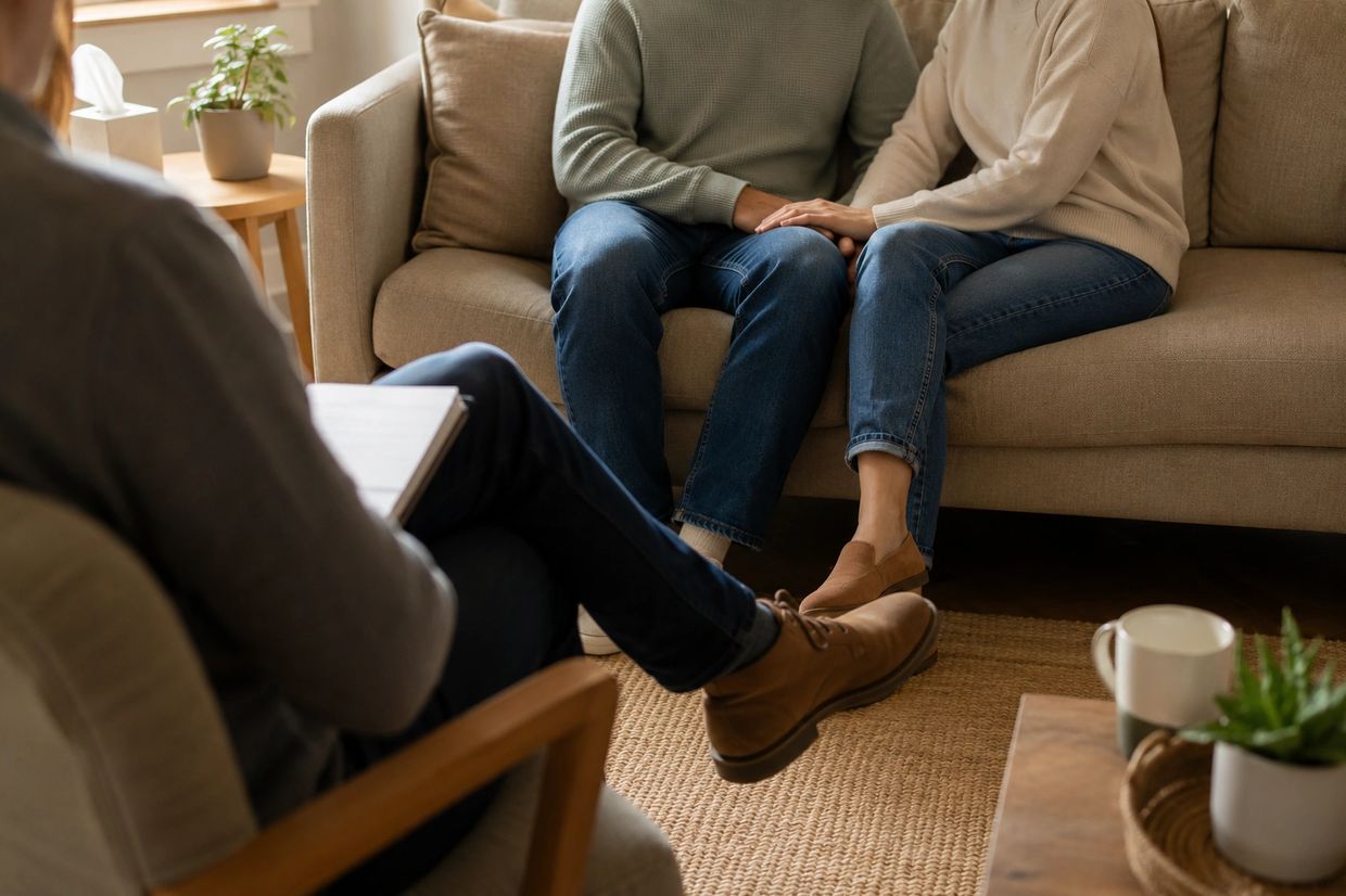 A couple holding hands during a therapy session with a counselor.