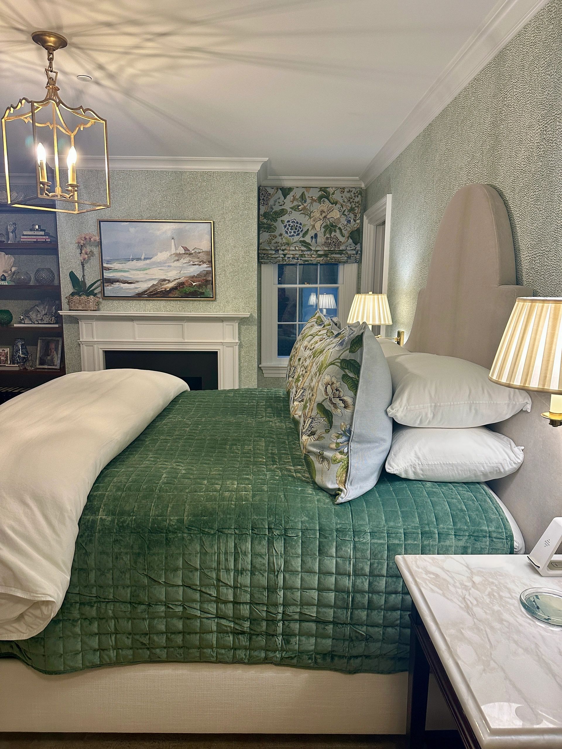 Wallpaper, curtains and recovered headboard in primary suite