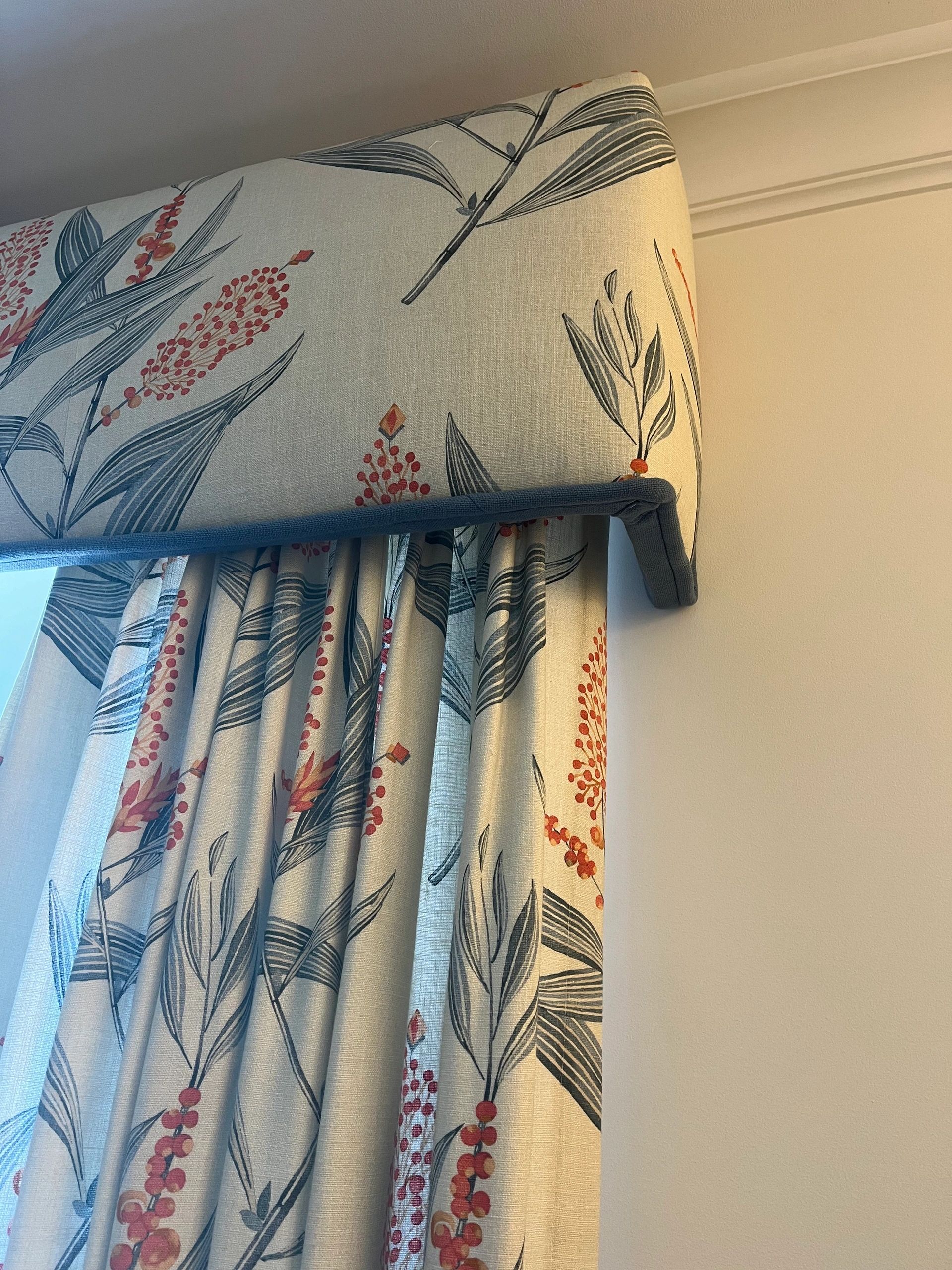 Valance and curtains in floral fabric