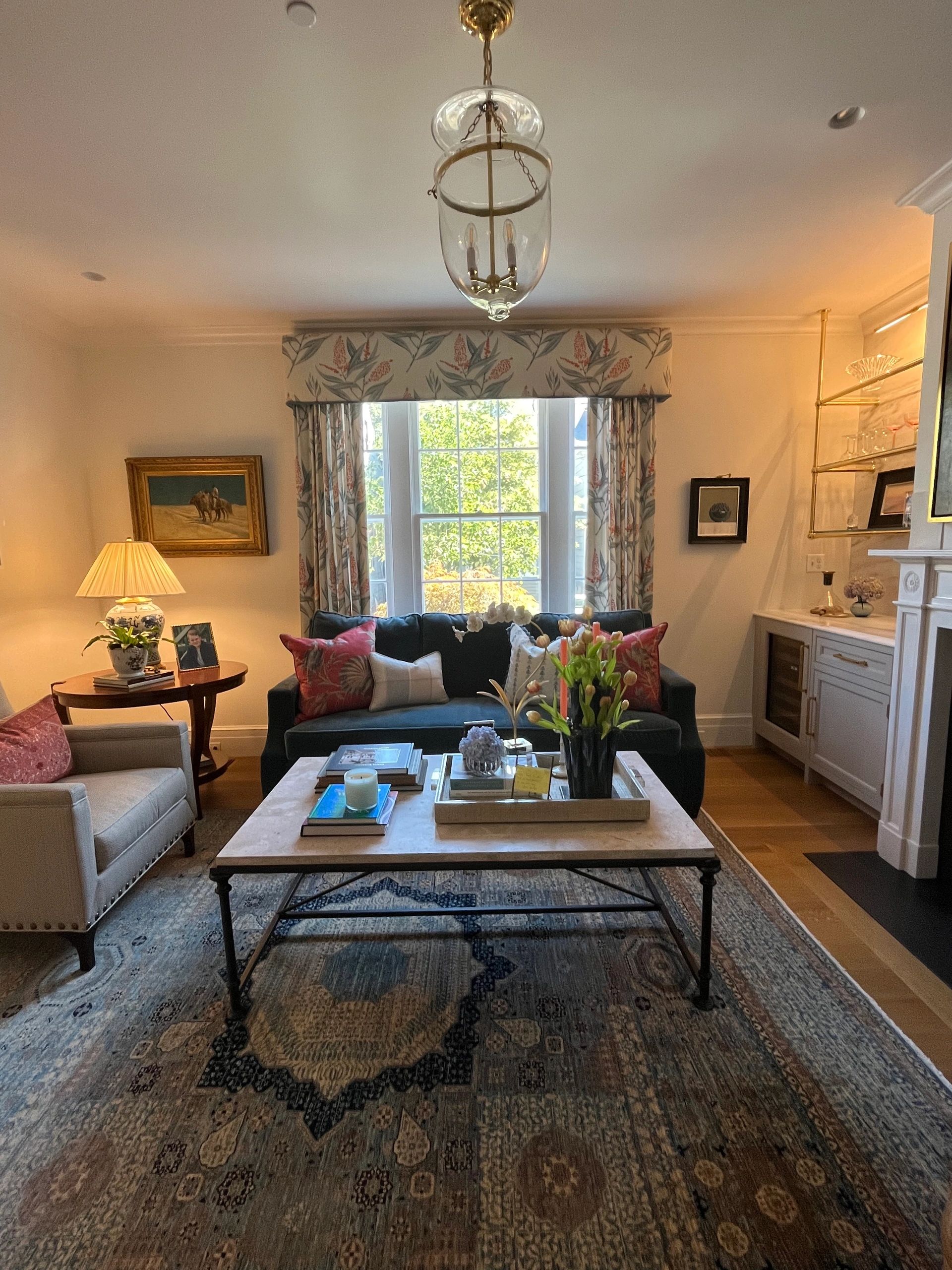 Living room with valance and curtains
