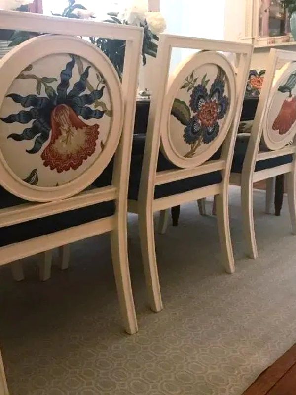 Upholstered dining chairs with custom back panels