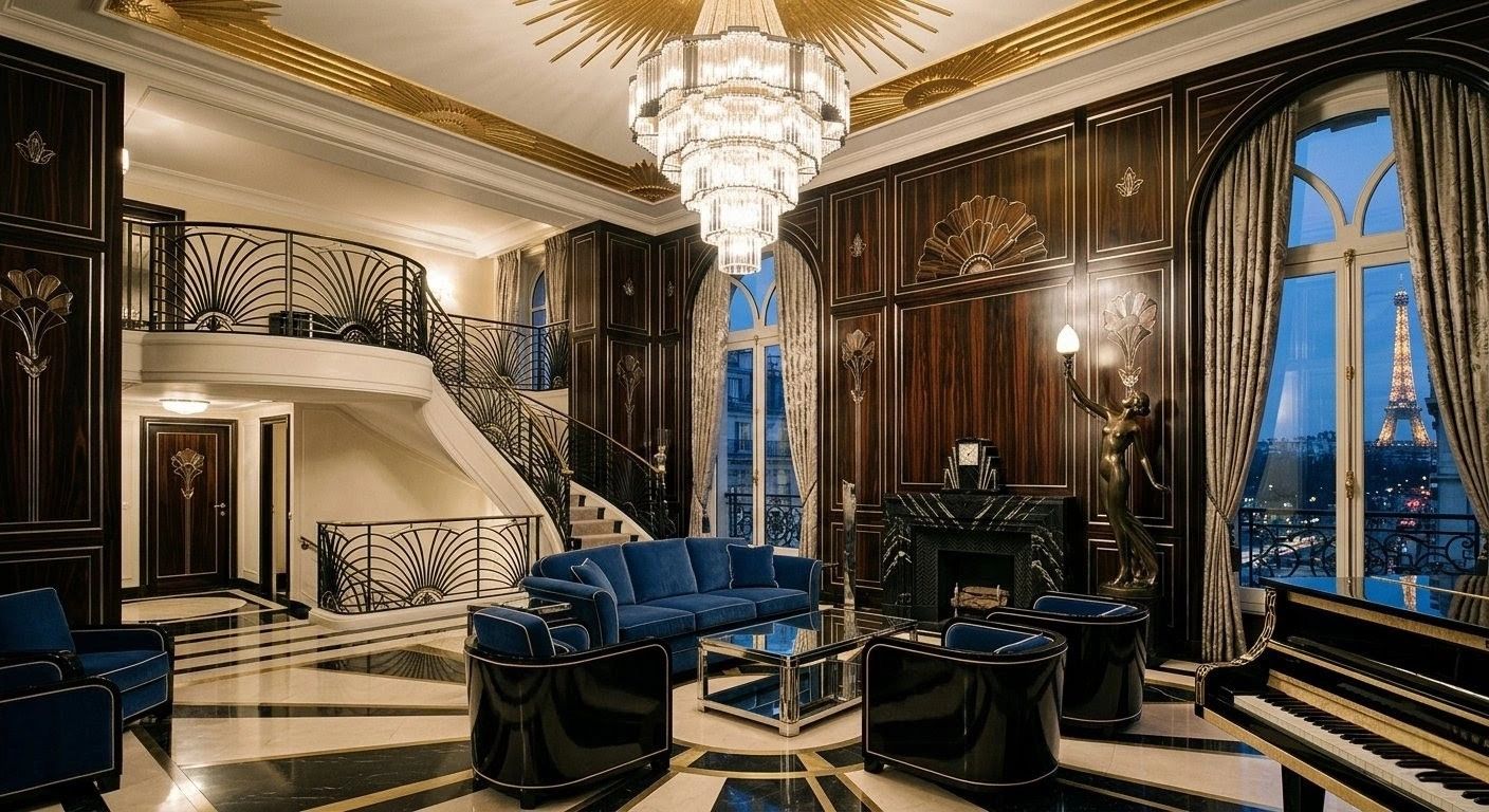 Luxurious Parisian living room with elegant art deco design and Eiffel Tower view.