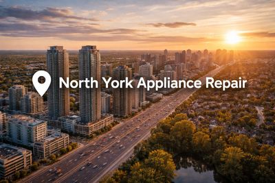 Sunset over North York cityscape with text 'North York Appliance Repair'.