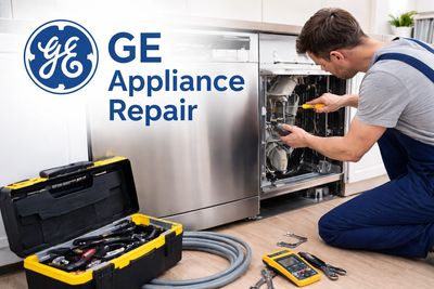Technician repairing a GE dishwasher with tools and equipment.