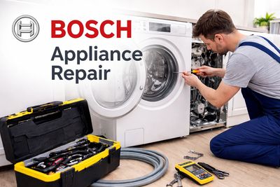 Technician repairing a Bosch washing machine with tools nearby.