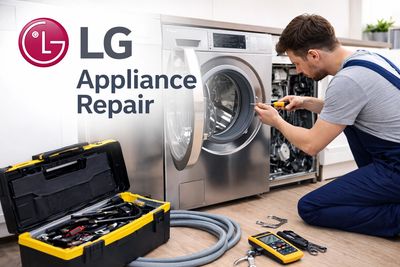 Technician repairing an LG washing machine with tools and equipment.