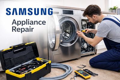 Technician repairing a Samsung washing machine with tools.