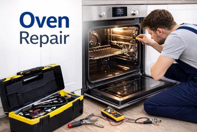 Technician repairing an oven with tools and equipment.