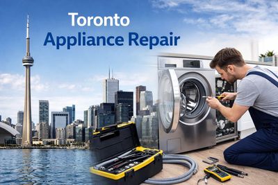 Technician repairing a washing machine in Toronto with skyline backdrop.