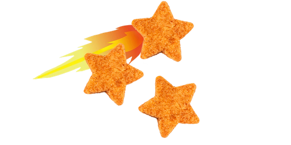 Three star-shaped chicken nuggets, one with a fiery trail.