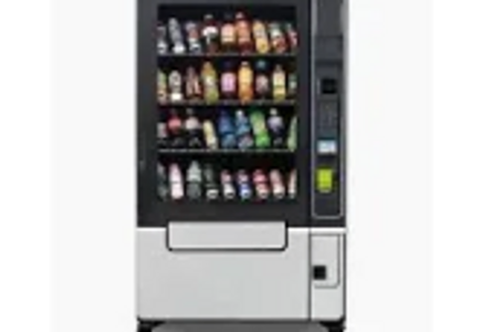 Modern vending machine stocked with various drinks and snacks.