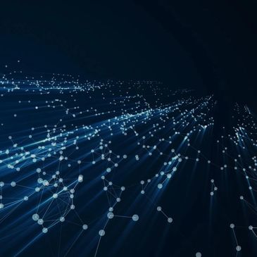Abstract digital network with glowing nodes and lines.