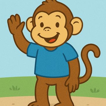 Cartoon monkey in a blue shirt showing kids how to prepare for storms.