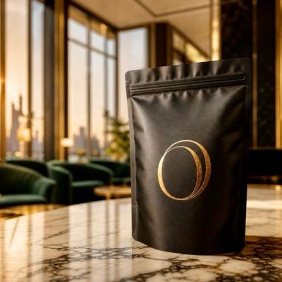 Black coffee bag with gold logo on marble table.
