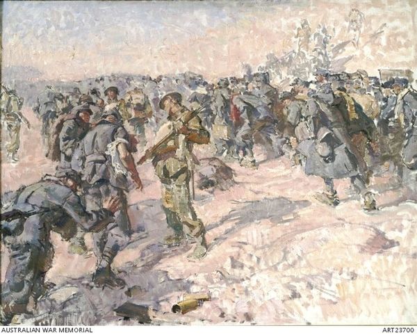 Italian Prisoners by Ivor Hele depicts some of the 25,000 captured at Tobruk. AWM ART23700
