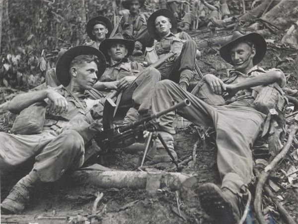 Aitape, New Guinea, March 1945. Golden Stairway, Norman Carter (front left) Bren gun.