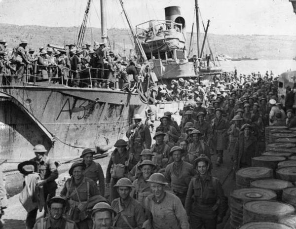 Suda Bay, Crete April 1941. Australian & NZ troops disembark after evacuation from mainland Greece.