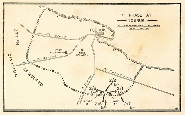 1st Phase at Tobruk 21 Jan 1941. The Breakthrough at Dawn showing 16 Bde 2/1, 2/2 and 2/3 Bn attack.