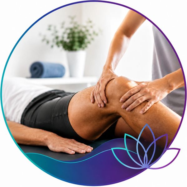 Physical therapist massaging a man's knee.