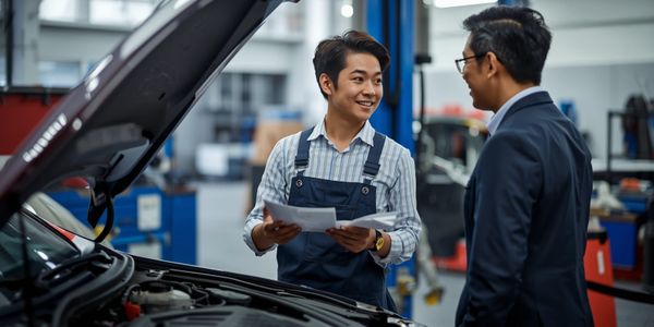 A mechanic explains car details to a customer in a garage.