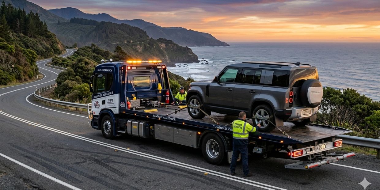 A tow truck loads a SUV on a scenic coastal road at sunset.