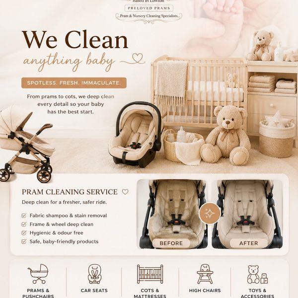 Pram and nursery cleaning service offering deep, baby-friendly cleaning for various baby items.
