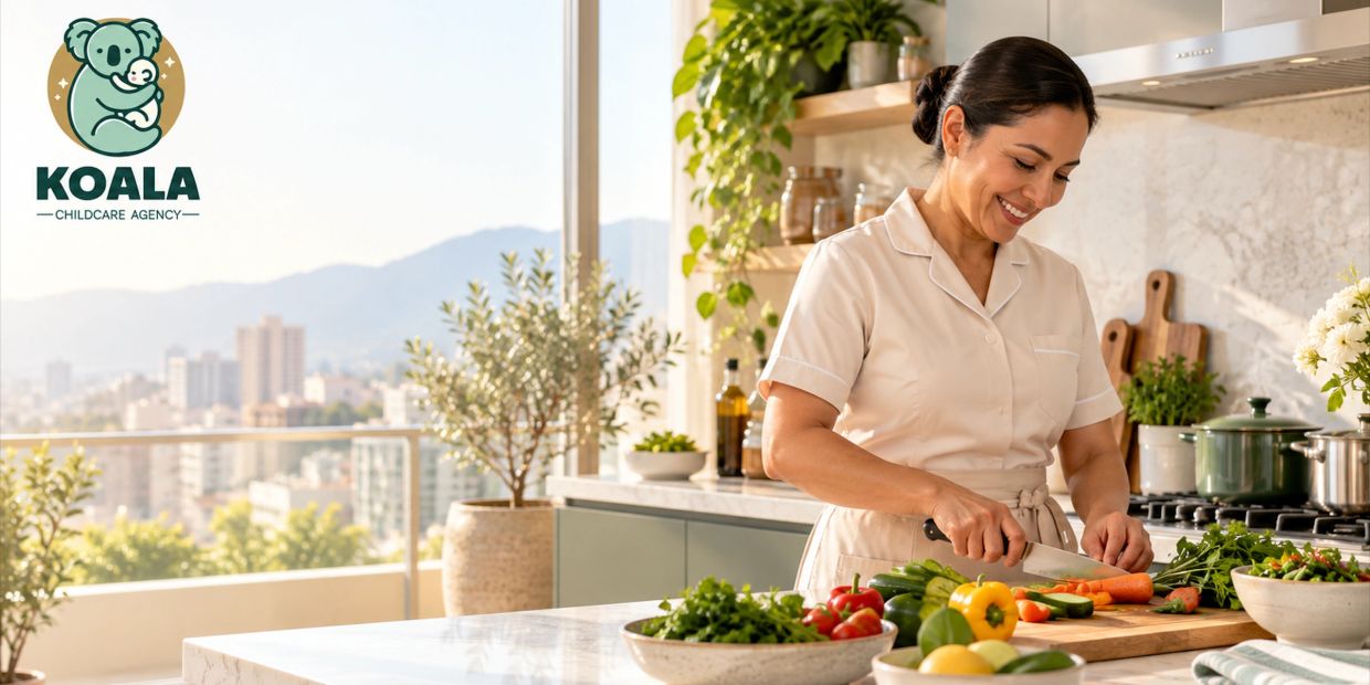 Mujer sonriente cortando verduras en una cocina luminosa.