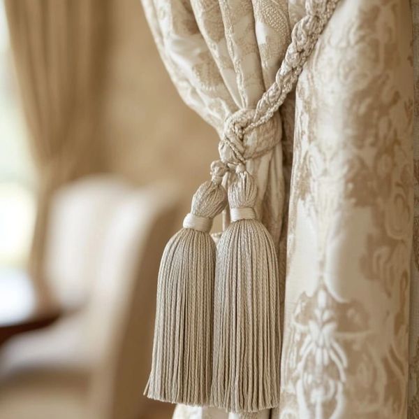 Elegant beige tassels holding back luxurious patterned curtains.