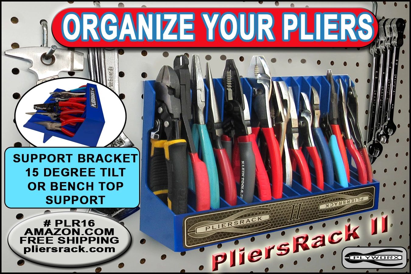 The PLR16 PliersRack mounts on a pegboard, stands on a work bench or fits in a toolbox drawer.