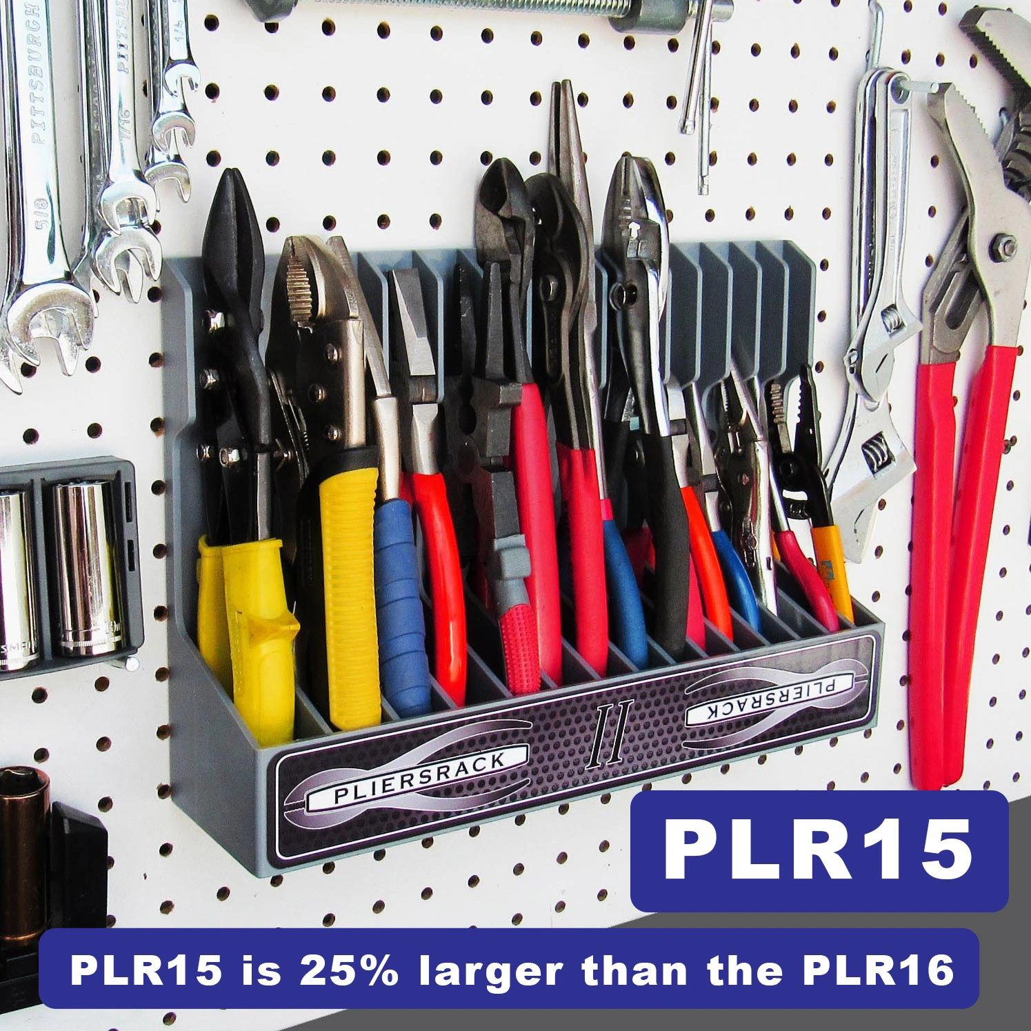 PLR15 holds all sizes of pliers and mounts on your pegboard.