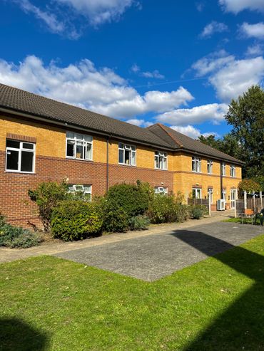 Building grounds with lawn and hedges