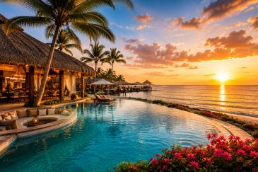 Sunset view of a tropical beach resort with a pool and palm trees.