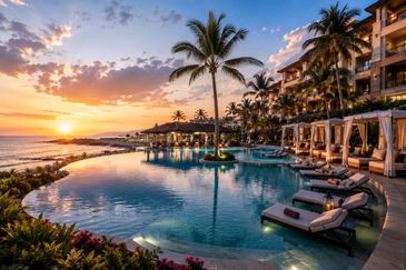 Luxury resort pool at sunset with palm trees and ocean view.