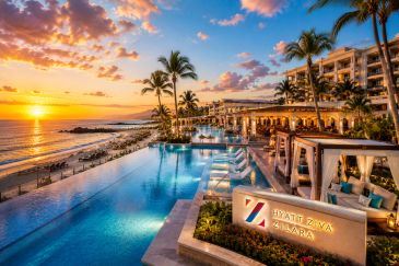 Luxury beachfront resort with pools at sunset.