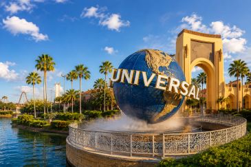 Universal Studios globe fountain with clear blue sky and palm trees.