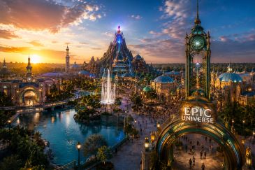 A magical theme park called Epic Universe at sunset with a majestic mountain and fountains.